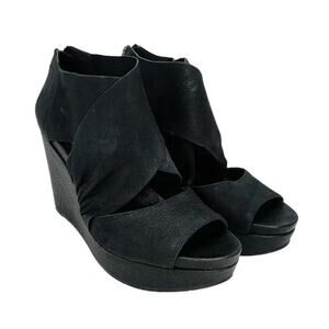 Womens Eileen Fisher Black Nubuck Suede Leather Draw Draped Wrap Wedge Sandal 10